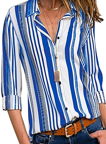 FIYOTE Damen Gestreift Hemden Langarm Casual Arbeit Oberteile mit Knöpfen Hemd Lose Langarmshirt Tops Bluse Elegant V-Ausschnitt B-Hellblau XXL von FIYOTE