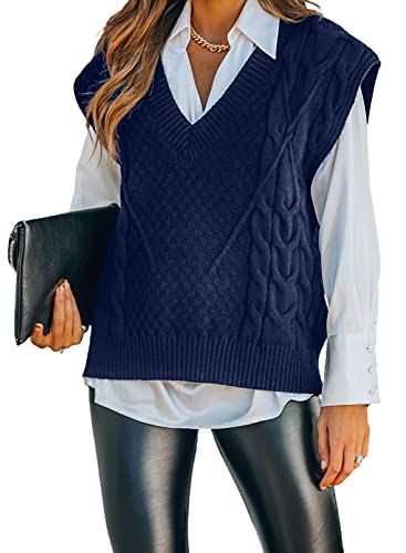FIYOTE Damen Pullunder V-Ausschnitt Pullover ärmellos Einfarbig Strickpullover Elegante Strickweste A-Blau L von FIYOTE