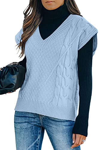 FIYOTE Damen Pullunder V-Ausschnitt Pullover ärmellos Einfarbig Strickpullover Elegante Strickweste A-Himmelblau XL von FIYOTE