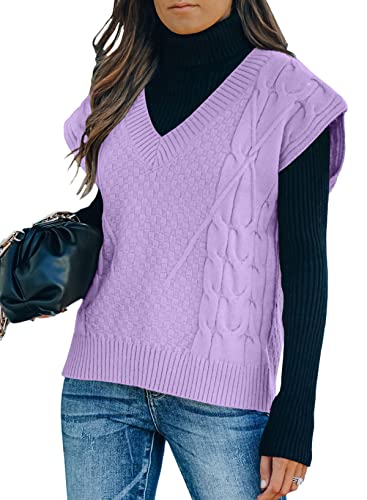 FIYOTE Damen Pullunder V-Ausschnitt Pullover ärmellos Einfarbig Strickpullover Elegante Strickweste A-Lila XL von FIYOTE