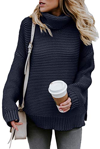 FIYOTE Damen Rollkragenpullover Casual Pullover Oberteile Winter Strickjacke Elegant Grobstrickpullover Streifenpullover Winter Sweats 1-Blau XL von FIYOTE