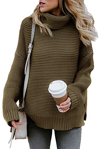 FIYOTE Damen Sweatshirt Pullover Strickpullover Casual Winter Sweats Stricken Pulli Warm Rollkragenpullover 1-Grün XXL von FIYOTE