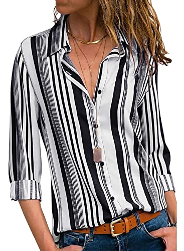 FIYOTE Damen Oberteile mit Knöpfen Hemd Lose Langarmshirt Tops Bluse Elegant V-Ausschnitt Gestreift Hemden Langarm Casual Arbeit A-Schwarz XL von FIYOTE