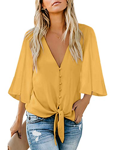 FIYOTE Hemd Damen Bluse Chiffon Oberteile Elegante Hemd V-Ausschnitt Tops mit 3 4 Arm Knopf Shirt Tunika Blusenshirt 3-gelb XL von FIYOTE