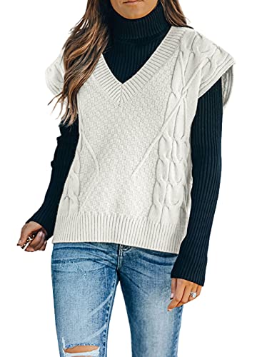 FIYOTE Damen Pullunder V-Ausschnitt Pullover ärmellos Einfarbig Strickpullover Elegante Strickweste A-beige XL von FIYOTE