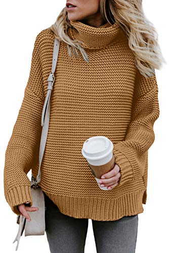 FIYOTE Strickjacke Damen Sweatshirt Pullover Strickpullover Casual Winter Sweats Stricken Pulli Warm Rollkragenpullover 1-Hkaki XXL von FIYOTE