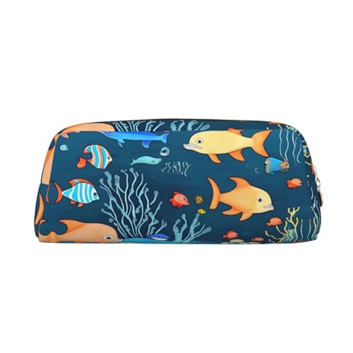 FInpan Blaue Underwater World of Fish Stifttasche aus echtem Leder, mit Reißverschluss, Schreibwaren-Aufbewahrungstasche, Make-up-Tasche, geeignet für Studenten, Schule, Büro, gold, Einheitsgröße, von FInpan