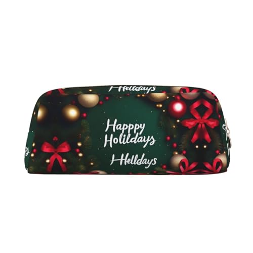 FInpan Happy Holidays Stifttasche aus echtem Leder mit Reißverschluss, Schreibwaren-Aufbewahrungstasche, Make-up-Tasche, geeignet für Studenten, Schule, Büro., gold, Einheitsgröße, Kulturbeutel von FInpan