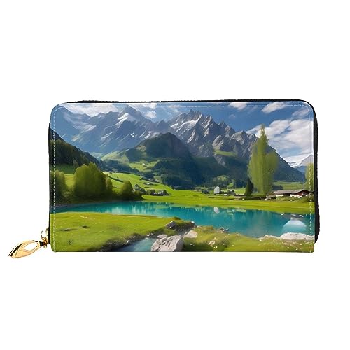 FInpan Pine Tree Under The Moon Pattern Damen Reißverschluss Geldbörse Lange Clutch Kreditkartenhalter Leder Geldbörse Reise Münzbörse, Highland Lake Landschaft, Einheitsgröße von FInpan