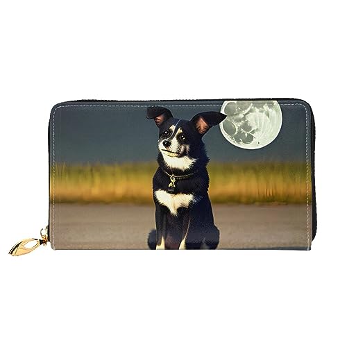 FInpan Pine Tree Under The Moon Pattern Damen Reißverschluss Geldbörse Lange Clutch Kreditkartenhalter Leder Geldbörse Reise Münzbörse, Hund unter Mond, Einheitsgröße von FInpan