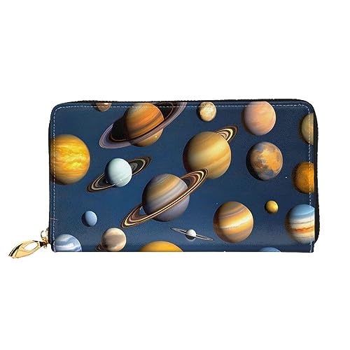 FInpan Pine Tree Under The Moon Pattern Damen Reißverschluss Geldbörse Lange Clutch Kreditkartenhalter Leder Geldbörse Reise Münzbörse, Sonnensystem Planeten, Einheitsgröße von FInpan