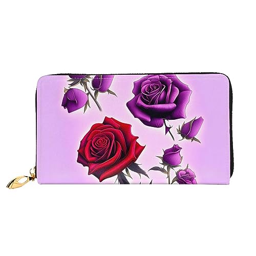 FInpan Rot und Lila Rosen Muster Frauen Reißverschluss Geldbörse Lange Clutch Kreditkartenhalter Leder Geldbörse Reise Münzbörse, Rote und violette Rosen, Einheitsgröße von FInpan