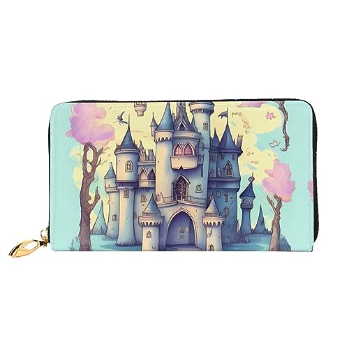 FInpan Runde Aquarell-Malerei-Muster, Damen-Reißverschluss-Geldbörse, lange Clutch, Kreditkartenhalter, Ledergeldbörse, Reise-Münzgeldbörse, Märchenhaftes Schloss, Einheitsgröße von FInpan