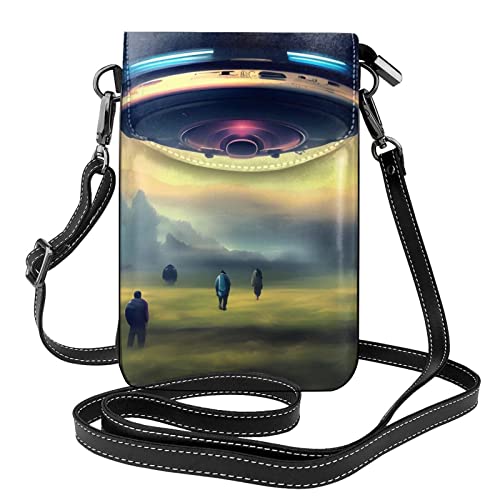 Ufo Landing Leder Crossbody Flap Phone Tasche, kleine Crossbody Damen Geldbörse und Handtasche mit Schultergurt,, Schwarz , Einheitsgröße von FInpan