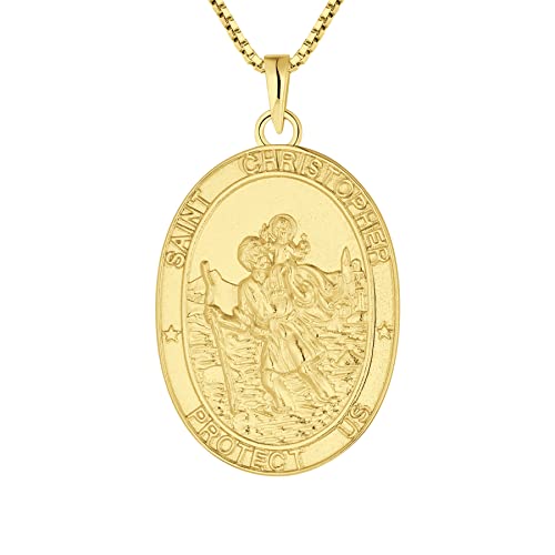 FJ 18K Vergoldet Heiliger Christophorus Kette Damen Herren 925 Sterling Silber Heiliger Christophorus Anhänger Halskette St Christopher Schmuck für Frauen Männer 20" Kette (Oval) von FJ