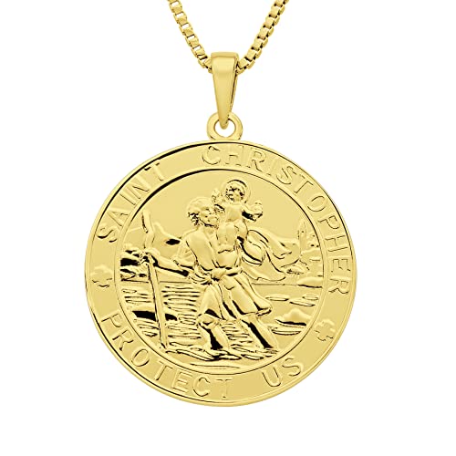 FJ 18K Vergoldet Heiliger Christophorus Kette Damen Herren 925 Sterling Silber Heiliger Christophorus Anhänger Halskette St Christopher Schmuck für Frauen Männer 20" Kette (Runde) von FJ