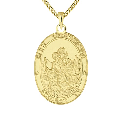 FJ 18K Vergoldet Heiliger Christophorus Kette Herren Damen 925 Sterling Silber Heiliger Christophorus Anhänger Halskette St Christopher Schmuck für Frauen Männer 24" Kette (Oval) von FJ