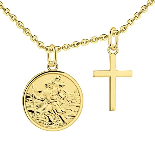 FJ 18K Vergoldet Heiliger Christophorus Kette mit Kreuz 925 Sterling Silber Heiliger Christophorus Anhänger Halskette für Damen Mädchen Jungs Kinder von FJ