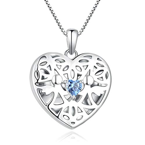 FJ Herz Foto Medaillon Anhänger Halskette Schutzengel Kette Damen 925 Sterling Silber Bilder Memory Medaillon Kette mit März Geburtsstein Aquamarin Schmuck Geschenke für Frauen Mädchen von FJ