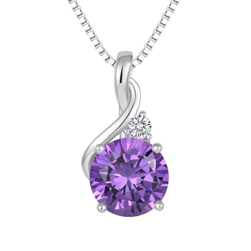 FJ Amethyst Kette Damen 925 Sterling Silber Februar Geburtsstein Halskette Rundschliff Anhänger Schmuck Geschenk für Frauen Mama Frau von FJ