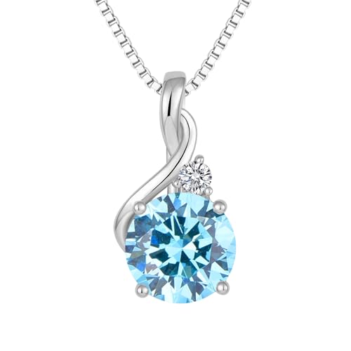 FJ Aquamarin Kette Damen 925 Sterling Silber März Geburtsstein Halskette Rundschliff Anhänger Schmuck Geschenk für Frauen Mama Frau von FJ