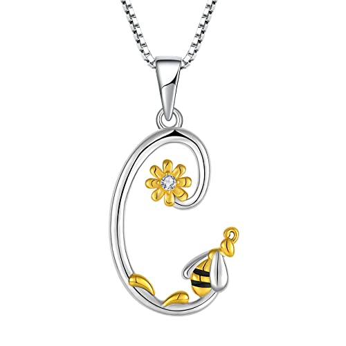FJ Buchstabe C Kette Anhänger 925 Sterling Silber Damen Biene Halskette Initiale Alphabet Personalisierte Kette Gänseblümchen Schmuck Geschenke für Frauen Mädchen von FJ