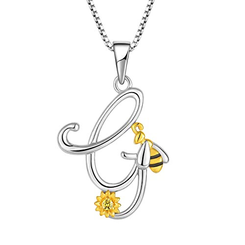 FJ Buchstabe G Kette Anhänger 925 Sterling Silber Damen Biene Halskette Initiale Alphabet Personalisierte Kette Sonnenblume Schmuck Geschenke für Frauen Mädchen von FJ