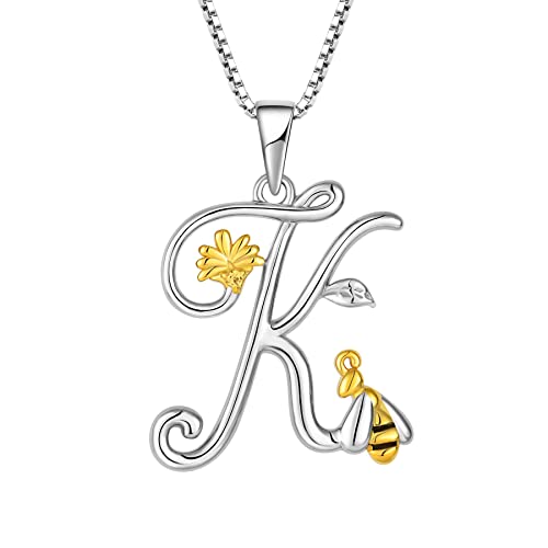 FJ Buchstabe K Kette Anhänger 925 Sterling Silber Damen Biene Halskette Initiale Alphabet Personalisierte Kette Gänseblümchen Schmuck Geschenke für Frauen Mädchen von FJ