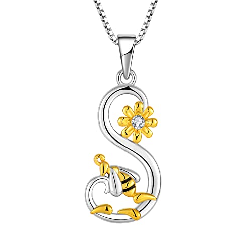 FJ Buchstabe S Kette Anhänger 925 Sterling Silber Damen Biene Halskette Initiale Alphabet Personalisierte Kette Gänseblümchen Schmuck Geschenke für Frauen Mädchen von FJ