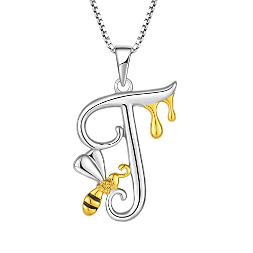 FJ Buchstabe T Kette Anhänger 925 Sterling Silber Damen Biene Halskette Initiale Alphabet Personalisierte Kette mit Zirkonia Schmuck Geschenke für Frauen Mädchen von FJ