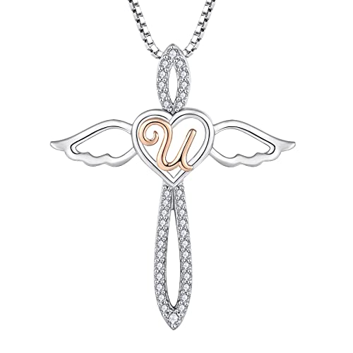 FJ Buchstabe U Kette Anhänger Damen 925 Sterling Silber Schutzengel Halskette Initiale Alphabet Personalisierte Kette mit Zirkonia Schmuck Geschenke für Frauen Mädchen von FJ