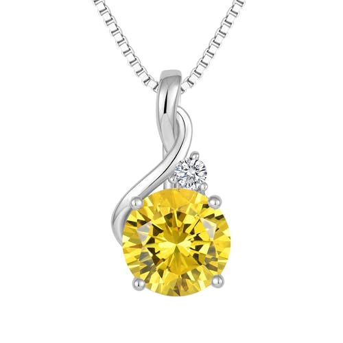 FJ Citrin Kette Damen 925 Sterling Silber November Geburtsstein Halskette Rundschliff Anhänger Schmuck Geschenk für Frauen Mama Frau von FJ