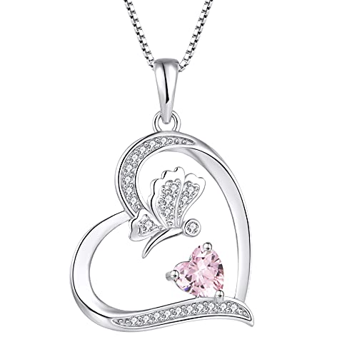 FJ Herz Damen Kette Schmetterling Anhänger Halskette 925 Sterling Silber Rosa Turmalin Oktober Geburtsstein Kette Schmuck Geschenke für Frauen Mädchen von FJ