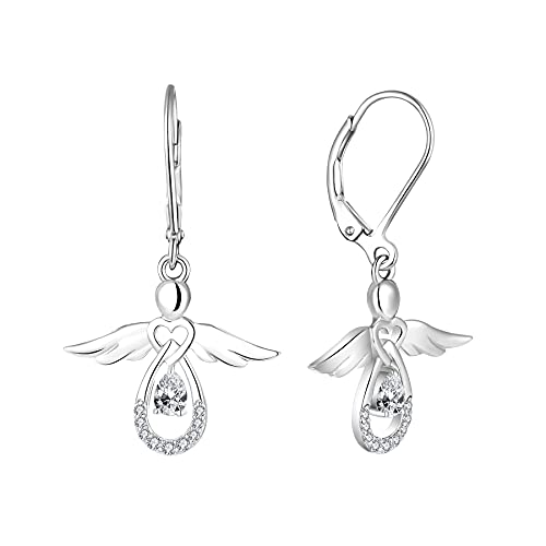 FJ Damen Schutzengel Ohrringe 925 Sterling Silber Hängend Weiß Zirkonia April Geburtsstein Schmuck Geschenke für Frauen Mädchen von FJ