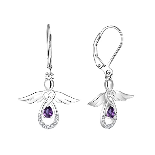 FJ Damen Schutzengel Ohrringe 925 Sterling Silber Hängend Amethyst Februar Geburtsstein Schmuck Geschenke für Frauen Mädchen von FJ