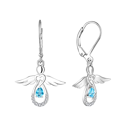 FJ Damen Schutzengel Ohrringe 925 Sterling Silber Engel Hängend Ohrringe Aquamarin März Geburtsstein Ohrringe Schmuck Geschenke für Frauen Mädchen von FJ