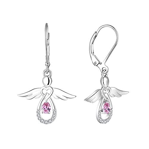 FJ Damen Schutzengel Ohrringe 925 Sterling Silber Engel Hängend Ohrringe Rosa Turmalin Oktober Geburtsstein Ohrringe Schmuck Geschenke für Frauen Mädchen von FJ