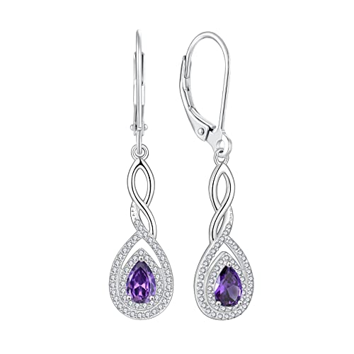 FJ Damen Ohrringe Februar Geburtsstein Amethyst Ohrringe 925 Sterling Silber Tropfen Hängend Ohrringe Unendlichkeit Infinity Schmuck Geschenke für Damen Frauen Mutter Freundin Mama von FJ