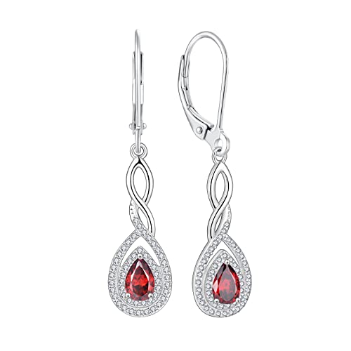 FJ Damen Ohrringe Januar Geburtsstein Granat Ohrringe 925 Sterling Silber Tropfen Hängend Ohrringe Unendlichkeit Infinity Schmuck Geschenke für Damen Frauen Mutter Freundin Mama von FJ