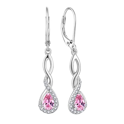 FJ Damen Oktober Geburtsstein Rosa Turmalin Ohrringe 925 Sterling Silber Hängend Unendlichkeit Infinity Schmuck Geschenke für Frauen Mutter Freundin Mama von FJ