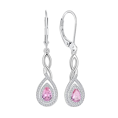 FJ Damen Oktober Geburtsstein Rosa Turmalin Ohrringe 925 Sterling Silber Tropfen Hängend Unendlichkeit Infinity Schmuck Geschenke für Frauen Mutter Freundin Mama von FJ