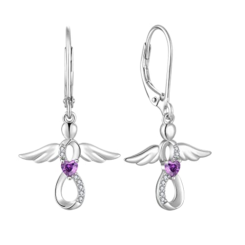 FJ Damen Ohrringe Schutzengel 925 Sterling Silber Hängende Infinity Unendlichkeit Ohrringe Amethyst Februar Geburtsstein Ohrringe Schmuck Geschenke für Frauen Mädchen von FJ