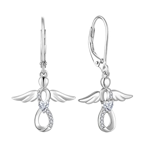 FJ Damen Ohrringe Schutzengel 925 Sterling Silber Hängende Infinity Unendlichkeit Ohrringe April Geburtsstein Schmuck Geschenke für Frauen Mädchen von FJ