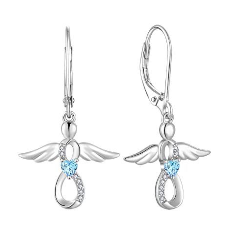 FJ Damen Ohrringe Schutzengel 925 Sterling Silber Hängende Infinity Unendlichkeit Ohrringe Aquamarin März Geburtsstein Ohrringe Schmuck Geschenke für Frauen Mädchen von FJ