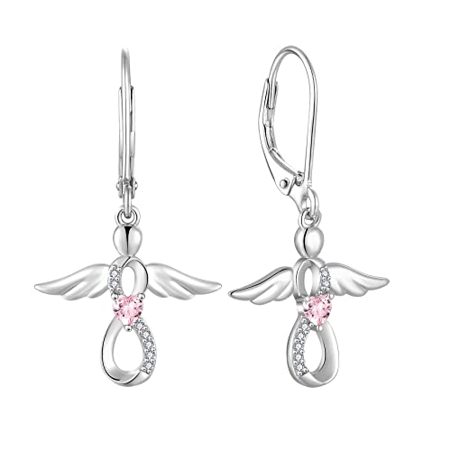 FJ Damen Ohrringe Schutzengel 925 Sterling Silber Hängende Infinity Unendlichkeit Ohrringe Rosa Turmalin Oktober Geburtsstein Ohrringe Schmuck Geschenke für Frauen Mädchen von FJ