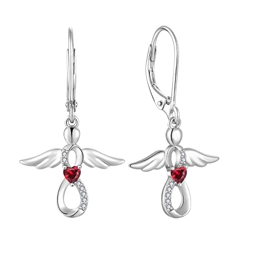 FJ Damen Ohrringe Schutzengel 925 Sterling Silber Hängende Infinity Unendlichkeit Ohrringe Rubin Juli Geburtsstein Ohrringe Schmuck Geschenke für Frauen Mädchen von FJ