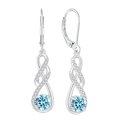 FJ Damen Unendlichkeit Infinity 925 Sterling Silber Ohrringe - Hängend Mit Aquamarin März Geburtsstein - Schmuck Geschenke für Frauen, Mutter, Freundin, Mama von FJ