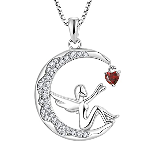 FJ Schutzengel Kette Damen 925 Sterling Silber Engel Anhänger Halskette Mond Kette Granat Januar Geburtsstein Kette Engel Schmuck Geschenke für Frauen Mädchen von FJ