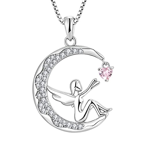 FJ Schutzengel Kette Damen 925 Sterling Silber Engel Anhänger Halskette Mond Kette Rosa Turmalin Oktober Geburtsstein Kette Engel Schmuck Geschenke für Frauen Mädchen von FJ