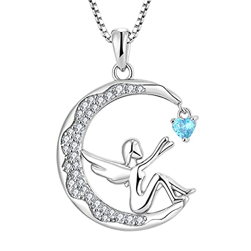 FJ Schutzengel Kette Damen 925 Sterling Silber Engel Anhänger Halskette Mond Kette Aquamarin März Geburtsstein Kette Engel Schmuck Geschenke für Frauen Mädchen von FJ